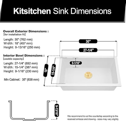 Kitsitchen White Undermount Kitchen Sink, Granite Composite Kitchen Sink with Drain Assembly & Bottom Gird, 30 Inch Quartz Stone Kitchen Sink (White, 30"x18")