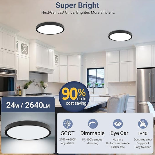 6 Pack 2640LM LED Flush Mount Ceiling Light Fixture, 12inch 24W Dimmable & 5 CCT Selectable (2700K-6500K), Sleek Modern Ceiling Light for Bedroom Laundry Hallway Kitchen, Black
