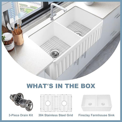 HOROW HRSW Farmhouse Kitchen Sink, 33-inch Double Bowl Sink with Bottom Grid and Strainer,Large Apron-front Ceramic Porcelain Sink Basin, 18"D x 33"W x 10"H, White