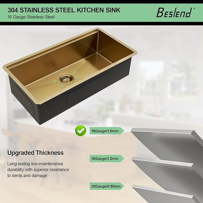 36x19 Undermount Gold Kitchen Sink - Beslend Stainless Steel Ledge Workstation Kitchen Sinks Gold Sink 16 Gauge Single Bowl Underount Basin