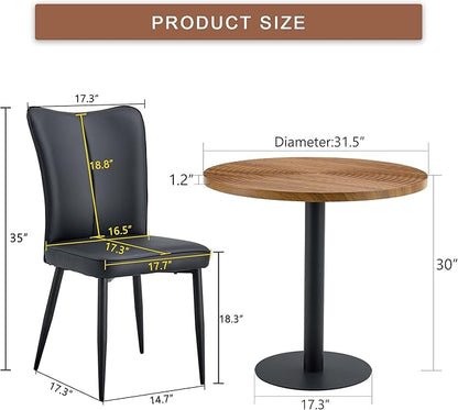 Round Dining Table Set for 4 People, 31.5 Inch Dark Wood Grain Table with Suction Molding Annular Texture and 4 Black PU Chairs with Vertical Stripe Design, for Kitchen and Dining Room
