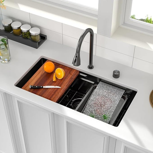 Logmey 30" Undermount Waterfall Sink with Pull-out Faucet & Temperature Control Knob,Nano PVD Gunmetal Black 30x17 Double Step Workstation Kitchen Sink,16 Gauge All in One Single Bowl Sinks