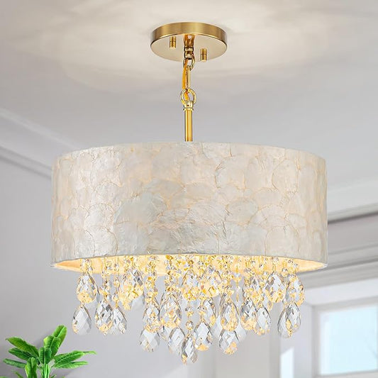 LumFurn D 16inch 4-Light Drum Capiz Shell Crystal Chandeliers, Coastal Style Pendant Light Fixture for Dining Room, Living Room, D16x20~67"(Adjustable Height), Shell Lampshade, Crystal & Gold Finish