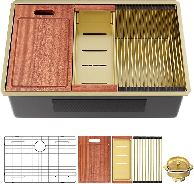 30 inch Gold Stainless Steel Undermount Kitchen Sink - CELAENO 30x18x10 Handmade 16 Gauge Single Bowl Workstation Sink, 10 Inch Deep Kitchen Sink is Equipped with Various Accessories