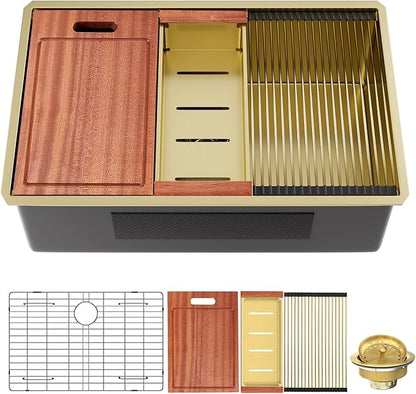 32 inch Gold Stainless Steel Undermount Kitchen Sink - CELAENO 32x19 Handmade 16 Gauge Single Bowl Workstation Sink, 10 Inch Deep Modern Kitchen Sink is Equipped with Various Accessories