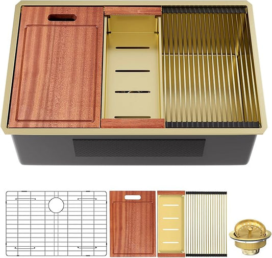 32 inch Gold Stainless Steel Undermount Kitchen Sink - CELAENO 32x19 Handmade 16 Gauge Single Bowl Workstation Sink, 10 Inch Deep Modern Kitchen Sink is Equipped with Various Accessories