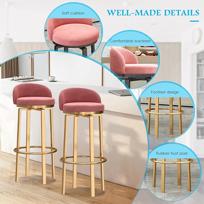 Swivel Stools Gold Metal Leg Height stools with Back High Dining Chairs for Home Kitchen Island-Grey 2 Pcs-25.6in Sitting (Pink 1 Pcs)