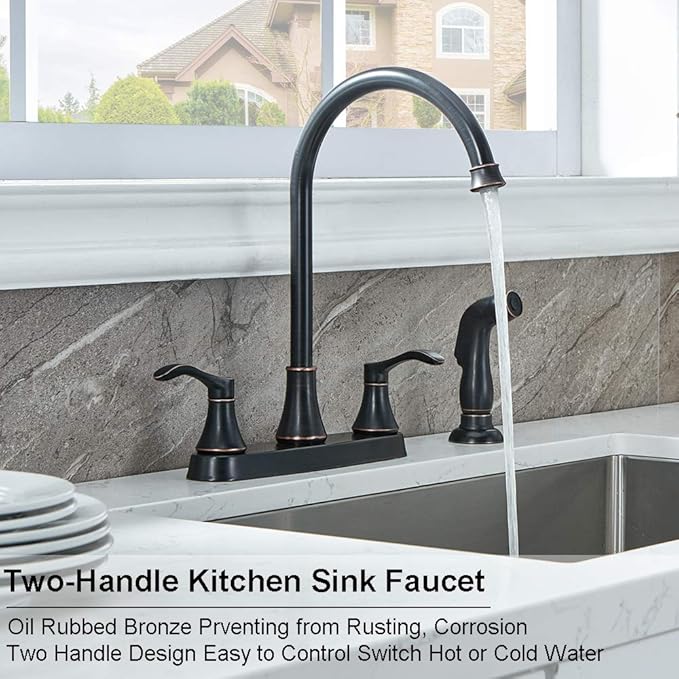 3 Hole or 4 Hole 2 Handle Kitchen Faucet with Side Sprayer, Commercial Lead-Free Oil Rubbed Bronze Kitchen Sink Faucets for Rv Sinks with High-Arc Spout & Side Sprayer, VADR0004H