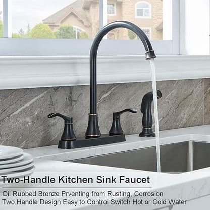 3 Hole or 4 Hole 2 Handle Kitchen Faucet with Side Sprayer, Commercial Lead-Free Oil Rubbed Bronze Kitchen Sink Faucets for Rv Sinks with High-Arc Spout & Side Sprayer, VADR0004H