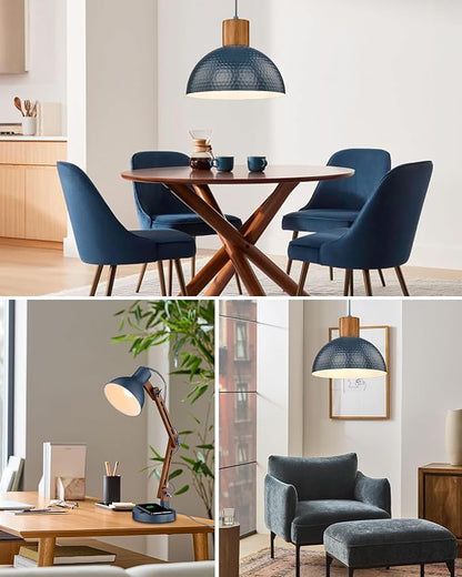 ELYONA Modern Hammered Pendant Light Fixtures with 12" Metal Shade Solid Wood Dome Hanging Pendant Light for Farmhouse Kitchen Island Dining Room Sink Bedroom Hallway Medium 2 Pack Blue
