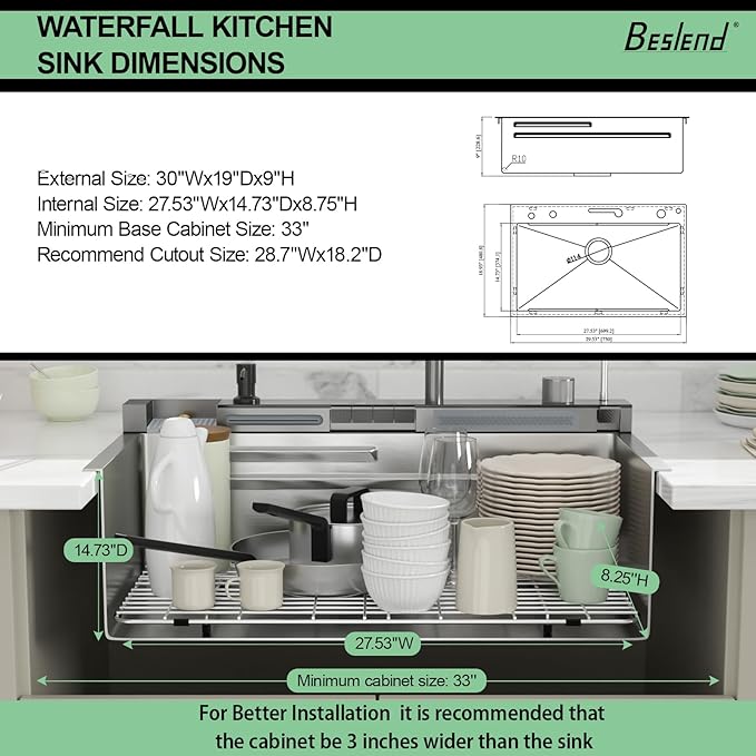30 Inch Waterfall Kitchen Sink - Beslend 30x19 Drop In Waterfall Sink Workstation Smart Sinks 16 Gauge Stainless Steel Single Bowl Basin with Faucet Combo