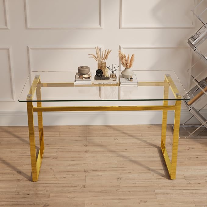 51" Modern Minimalist Rectangular Glass Dining Table for 4-6 with 0.31" Tempered Glass Tabletop and Chrome Metal Legs, Writing Table Desk for Kitchen Dining Living Room (Clear&Golden)