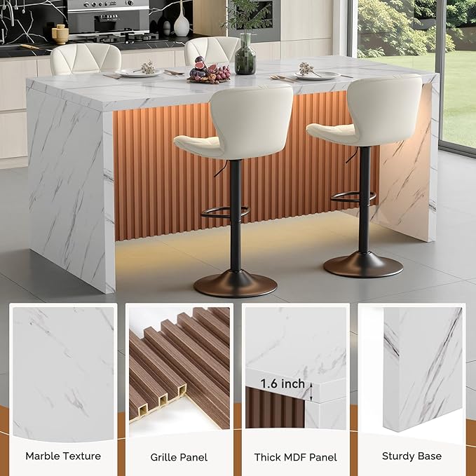 67" Kitchen Island Table Set with 4 Bar Stools, Faux Marble Top Island Table, Counter Height Dining Table Set for Kitchen & Dining Room