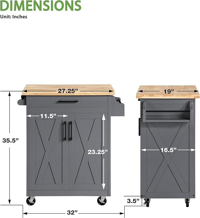 OSP Home Furnishings Bolten Farmhouse Kitchen Cart with Butcher Block Top, Rolling Island with Storage Cabinet and Drawer, 35.5H x 32W x 19D inches, Grey