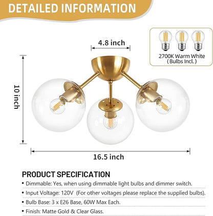 Bagood Mid-Century Modern Semi Flush Mount Ceiling Light 3 Lights Clear Glass Modern Globe Ceiling Light Gold Brass Sputnik Chandeliers for Hallway Entryway Kitchen Bedroom Laundry(Bulb Incl.)