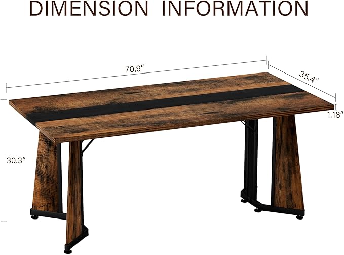 71" Waterproof MDF Island Table, Rustic Dining Table with Adjustable Feet, Farmhouse Dining Table for Kitchen Living Room Office, Black,Rustic Brown