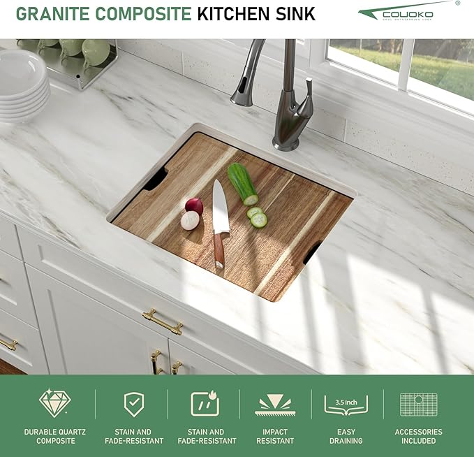 21 Inch Undermount Bar Sink 21x18 Undermount Bar Sink Mini Wet Bar White Quartz Granite Composite Small Kitchen RV Sinks Single Bowl Outdoor Island Basin with Cutting Board