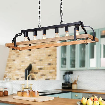 WUZUPS 6-Light Metal Pot Hanging Rack Chandelier Imitation Light Wood Grain Linear Pendant Ceiling Lighting Rustic Farmhouse Fixture Kitchen Island Dining Room, H 9.8" L 40.6" W11.8, E26 Base, Black