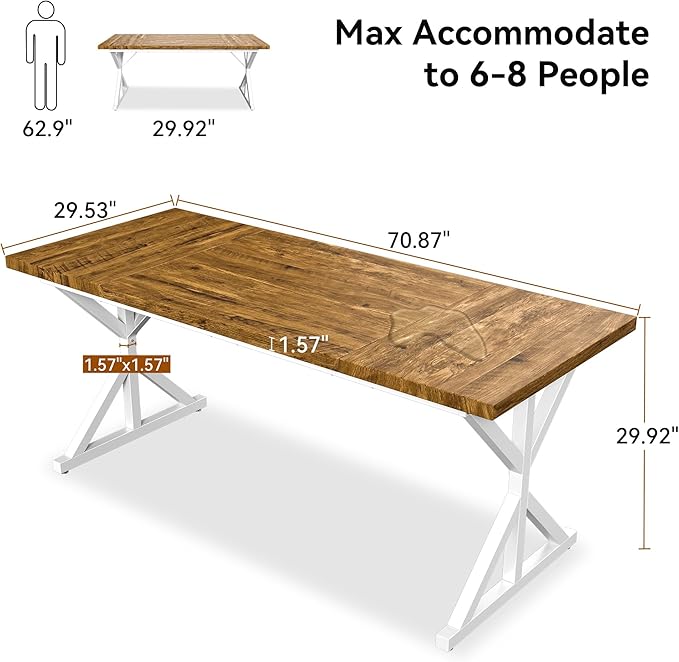 Farmhouse Dining Table for 6 People, 70.8 Inch Rectangular Wood Dining Table, Rustic Kitchen Table with Extra Heavy Duty Metal Legs for Dining Room-Oak