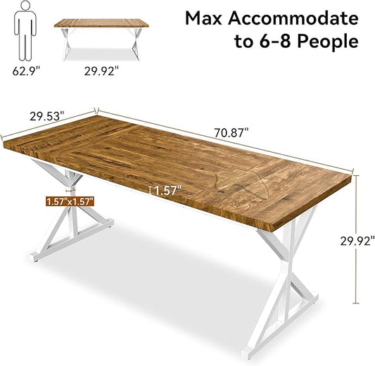 Farmhouse Dining Table for 6 People, 70.8 Inch Rectangular Wood Dining Table, Rustic Kitchen Table with Extra Heavy Duty Metal Legs for Dining Room-Oak