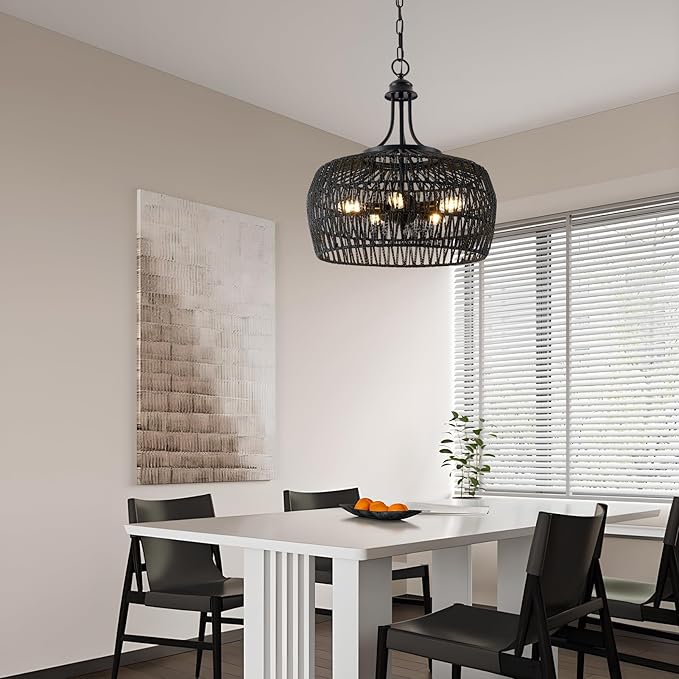 Kitchen Island Light Fixtures, 5-Light Rustic Ceiling Fixture with Twine Making Lampshade, Adjustable Height Boho Light Fixture, Vintage Pendant Lighting for Kitchen, Bedroom (Balck)