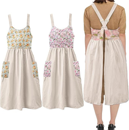 Uaussi Cotton Linen Apron Cross Back Work Apron for Women with Pockets Pinafore Dress X Cross Halter Apron for Chef Gardening