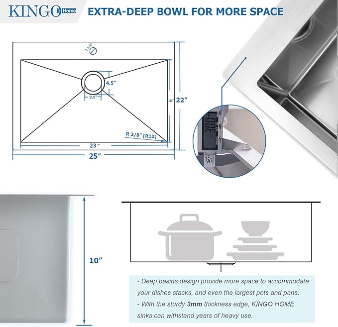 25x22 Inch Drop In Kitchen Sink, 25 Inch Brushed Nickel RV Laundry Utility Sinks, Top Mount 16 Gauge Stainless Steel Small Single Bowl 9 Inch Deep