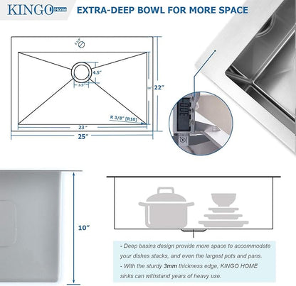 25x22 Inch Drop In Kitchen Sink, 25 Inch Brushed Nickel RV Laundry Utility Sinks, Top Mount 16 Gauge Stainless Steel Small Single Bowl 9 Inch Deep