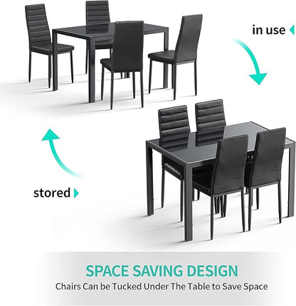 Gizoon 5 Piece Glass Dining Table Set, Kitchen and Chairs for 4, PU Leather Modern Room Sets for Home, Kitchen, Living Room
