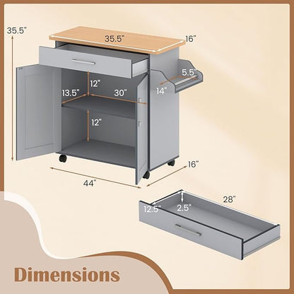 Giantex Kitchen Island, Rolling Kitchen Cart with Spice and Towel Rack, Large Drawer & 2-Door Storage Cabinet, Home Service Cart on Lockable Wheels, Wood Kitchen Trolley, Spacious Tabletop (Gray)