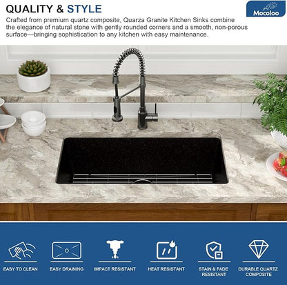 Mocoloo 33 Inch Granite Composite Kitchen Sink - 33 x 19 inch Black Undermount Kitchen Sinks, Matte Black Quartz Single Bowl Under Counter Sink