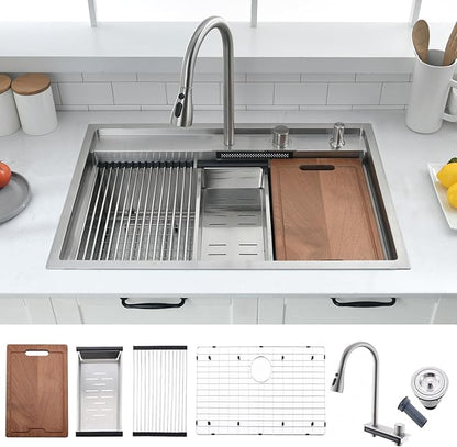 30 inch Drop in Kitchen Sink Waterfall Workstation with Faucet Combo-VOKIM 30x22 Drop-in sink 16 Gauge Stainless Steel Single Bowl Kitchen Sink with Cutting Board