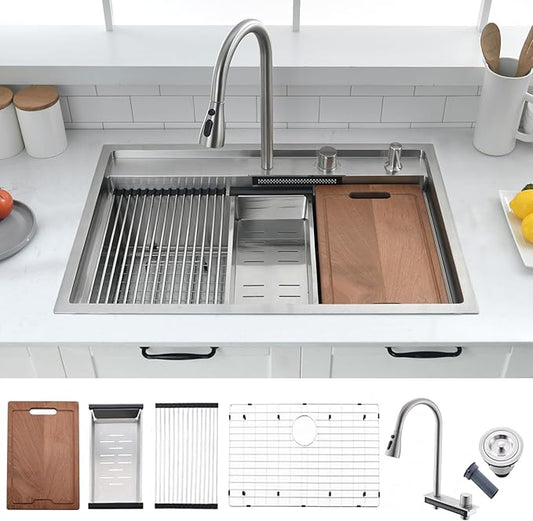 30 inch Drop in Kitchen Sink Waterfall Workstation with Faucet Combo-VOKIM 30x22 Drop-in sink 16 Gauge Stainless Steel Single Bowl Kitchen Sink with Cutting Board