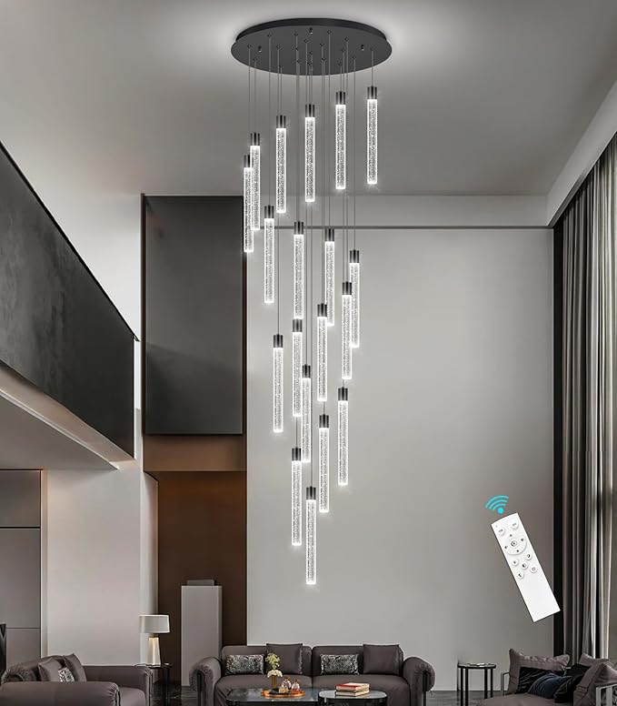 19-Light Long Large Modern Led Crystal Chandeliers Modern Spiral Chandeliers High Ceilings Chandelier for Staircase Foyer Black