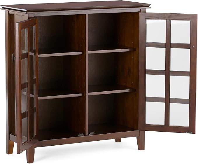 SIMPLIHOME Artisan Storage Cabinet - 38 inch Wide Solid Wood Medium Cabinet in Russet Brown, Transitional Accent Cabinet for Living Room or Dining Room with Glass Doors and Adjustable Shelves