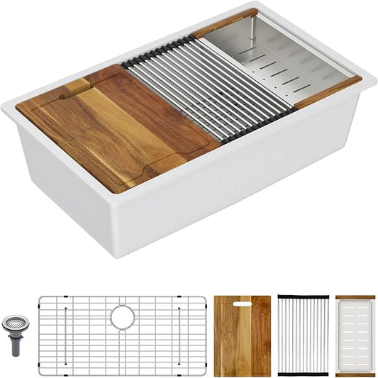 Lordear 32 Inch White Granite Composite Kitchen Sink 32x19 Inch Workstation Quartz Undermount Kitchen Sinks Under Counter Single Bowl
