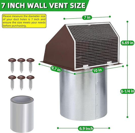 7Inch Hooded Wall Vent with Screen and Damper,Galvanized Steel Exhaust Vent Cover Cap Outside,Wall Vent Cover Exterior Outdoor Vent Hood for Kitchen Range Hood Laundry Dryer Bathroom Fan Duct Air Vent