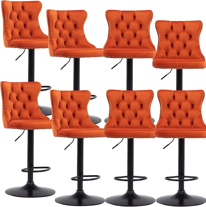 Rhomtree Velvet Swivel Bar Stools Upholstered Bar Stool with Button Tufted Back and Pull Ring Height Adjustable Barstools 25-33 Inch for Home Pub and Kitchen Island (Orange with Black Base, Set of 8)