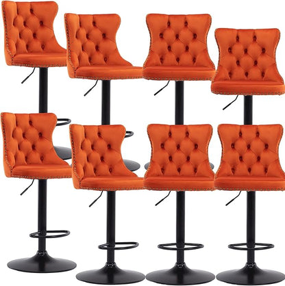 Rhomtree Velvet Swivel Bar Stools Upholstered Bar Stool with Button Tufted Back and Pull Ring Height Adjustable Barstools 25-33 Inch for Home Pub and Kitchen Island (Orange with Black Base, Set of 8)