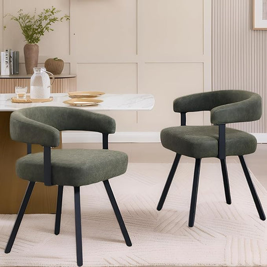 Modern Barrel Dining Chairs Set of 2, Green PU Leather Upholstered Dining Room Chairs with Arms, Comfy Kitchen Chairs with Black Metal Legs for Dinner Living Room