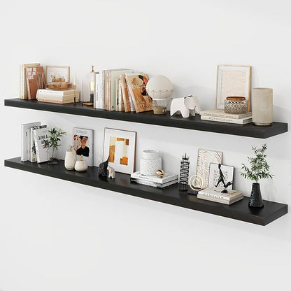 Acovy 72 Inch Floating Shelves, 9.3" Deep Floating Shelf Wall Mounted, 72" Wall Shelves, Rustic Deep Bookshelf, Large Display Shelves & Storage Shelves for Bedroom, Living Room, Black, Set of 2