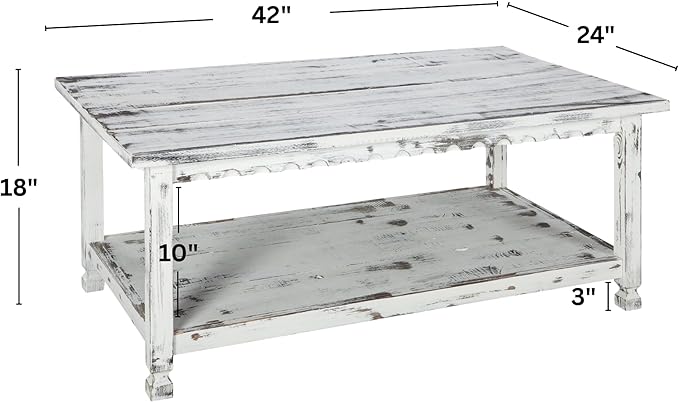 Country Cottage 42-Inch Farmhouse Coffee Table with Storage Shelf and White Antique Finish for Living Room or Family Room by Alaterre Furniture