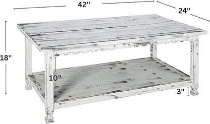 Country Cottage 42-Inch Farmhouse Coffee Table with Storage Shelf and White Antique Finish for Living Room or Family Room by Alaterre Furniture