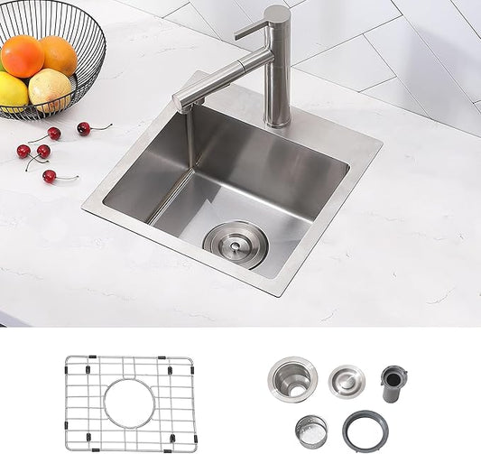 Friho 18x18 Inch Drop in Bar Sink, Topmout Small Kitchen Sink, 16 Ganuge Handmade T-304 Stainless Steel Single Bowl Sink for RV Wet Bar Prep RV Outdoor Yard Office Laundry Utility with Accessories