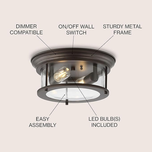 JONATHAN Y 13.25" Oil Rubbed Bronze/Clear 2-Light LED Flush Mount Ceiling Light Fixture, Modern Clear Glass Drum Shade, Industrial Farmhouse Lighting for Kitchen Hallway Bedroom (JYL7446B)