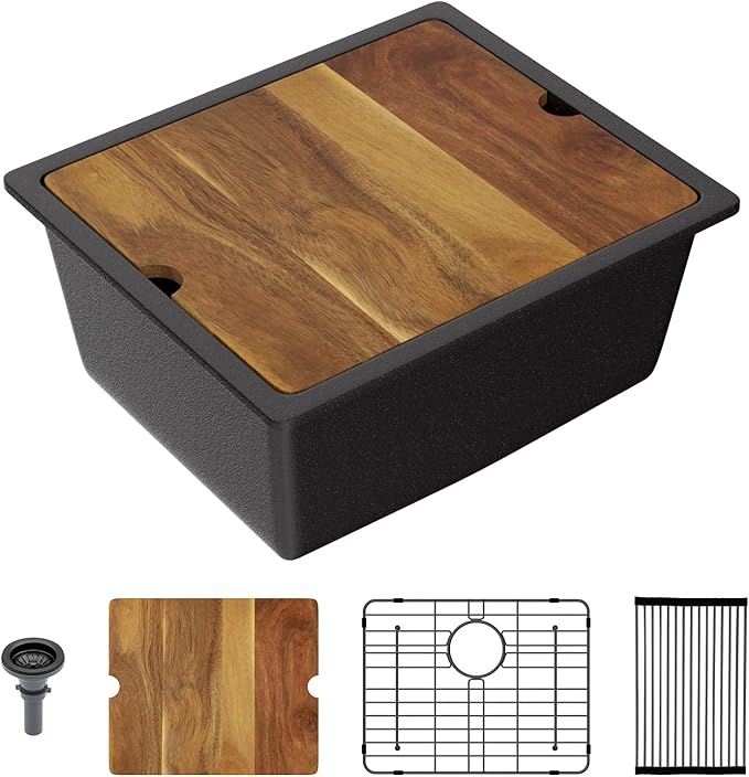 Lordear 21 Inch Black Granite Composite Kitchen Sink Workstation 21x18 Matte Black Undermount Quartz Sinks Under Counter Single Bowl Sink with Black Accessories