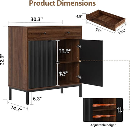 Mericonia Farmhouse Buffet Sideboard Cabinet with Storage, Fluted Coffee Bar with Doors and Adjustable Shelves, Modern Wood Cabinet for Kitchen, Livingroom (Fluted 2 Door, Walnut & Black)