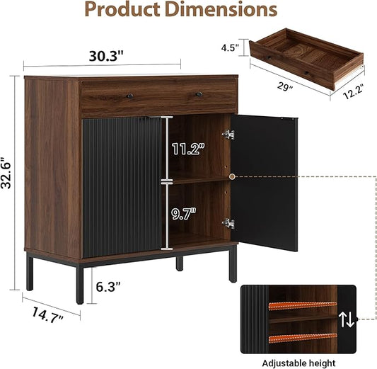Mericonia Farmhouse Buffet Sideboard Cabinet with Storage, Fluted Coffee Bar with Doors and Adjustable Shelves, Modern Wood Cabinet for Kitchen, Livingroom (Fluted 2 Door, Walnut & Black)