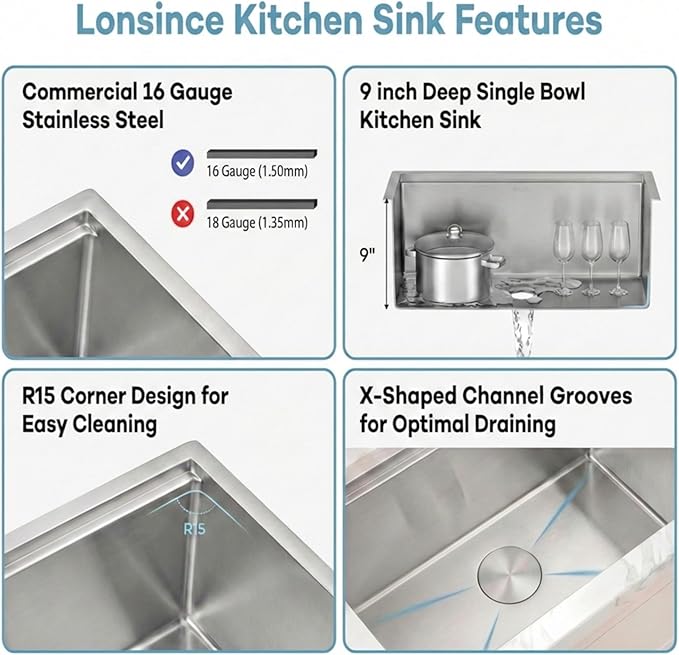 Undermount Kitchen Sink 27 inch,16 Gauge Stainless Steel Workstation Sink,Deep and Large Single Bowl Kitchen Sinks (27" X 18")
