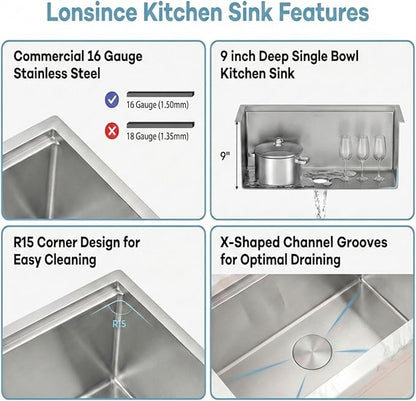 Undermount Kitchen Sink 27 inch,16 Gauge Stainless Steel Workstation Sink,Deep and Large Single Bowl Kitchen Sinks (27" X 18")